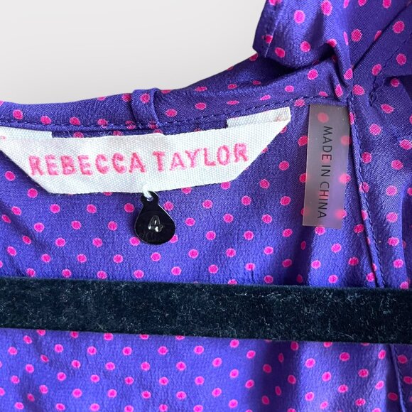 Rebecca Taylor Size 4 Purple Pink 100% Silk Sleeveless Ruffle Polka Dot Shirt - Picture 3 of 8